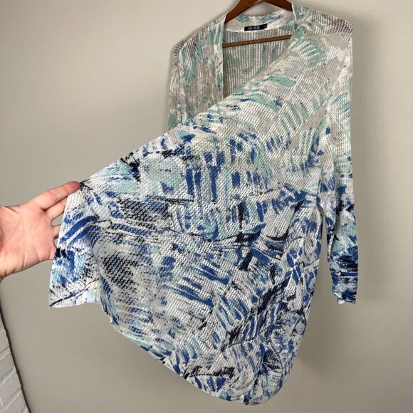 Nic+ Zoe Cardigan Sweater Womens 3X Blue White Linen Blend Open Knit 3/4 Sleeve - Picture 5 of 11